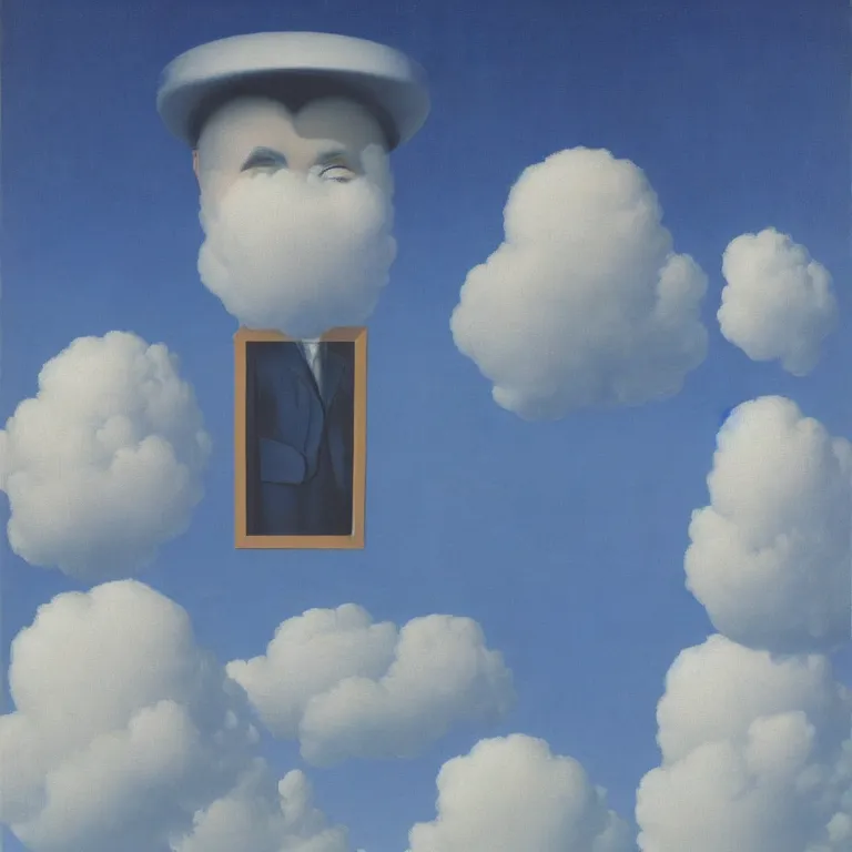 Image similar to cloud - man, by rene magritte, centered, detailed painting, hd, hq, high resolution, high detail, 4 k, 8 k