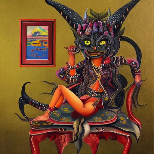 Image similar to a painting of a demon sitting on top of a chair, a detailed painting by ram chandra shukla, pixiv contest winner, bengal school of art, detailed painting, maximalist, art on instagram