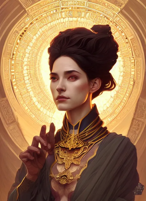 Image similar to symmetry!! portrait of a female sorcerer, dar fantasy, intricate, elegant, highly detailed, my rendition, digital painting, artstation, concept art, smooth, sharp focus, illustration, art by artgerm and greg rutkowski and alphonse mucha and huang guangjian and android jones and sachin teng