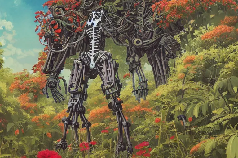 Prompt: 2 d gouache illustration, a lot of exotic vegetation, trees, tremendous skeletal robotic ancient gigantic robot, flowers, oldschool vintage sci - fi flat surreal design, super - detailed, painting by satoshi kon, hd, 4 k, high quality