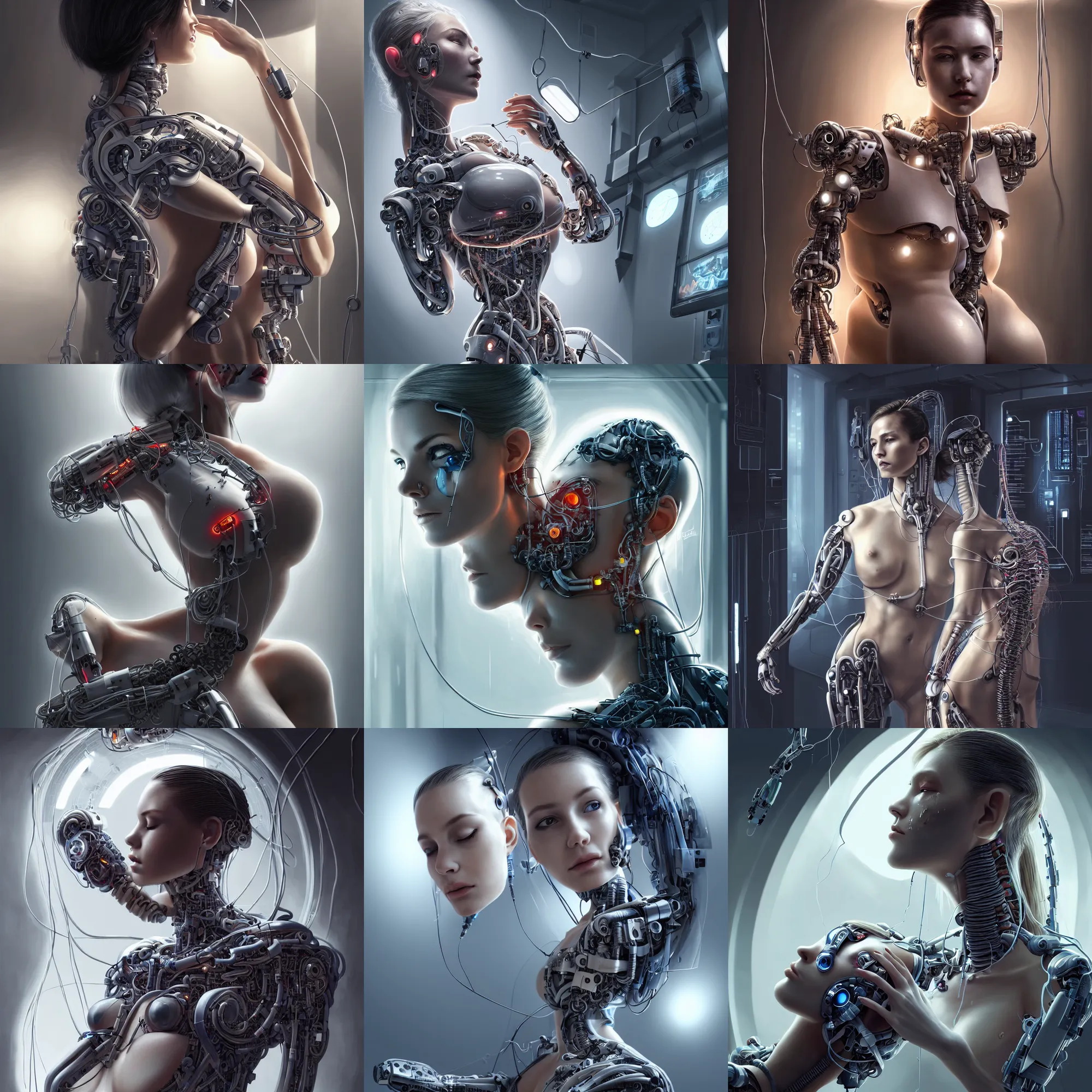 Prompt: Ultra realistic illustration, incredibly beautiful damaged female cyborg being repaired in a futuristic super advanced military medical bay with cables hanging from ceiling, beautiful face, voluptuous body, beautiful alluring science observing, cyberpunk, sci-fi, fantasy, intricate, elegant, highly detailed, digital painting, artstation, concept art, smooth, sharp focus, illustration, dramatic lighting, art by artgerm and greg rutkowski and alphonse mucha