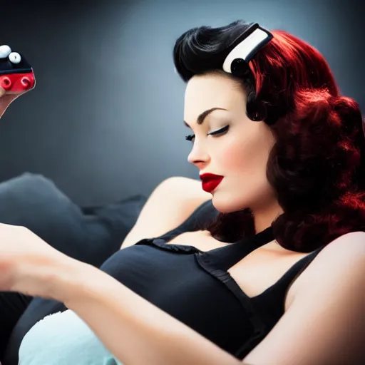 Image similar to a pin up woman playing a videogame, front view, dark lighting, couch, control, photo