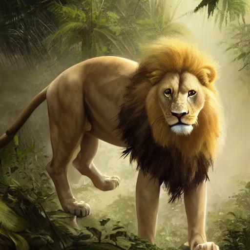 Image similar to commission portrait of a male anthro albino lion,wearing cargo pants and a boack t-shirt,going through a jungle cautiously.dramatic,character design by charles bowater,greg rutkowski,ross tran,hyperdetailed,hyperrealistic,4k,deviantart,artstation,professional photography,concept art