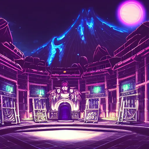 Image similar to a beautiful detailed anime illustration of architecture catacomb by zack snyder, at dusk uv light at winter alien gem at night fantasy elysian retro infrared poppy nightvision neon noir anime crystal dramatic lightning, archdaily, wallpaper, highly detailed, trending on artstation.