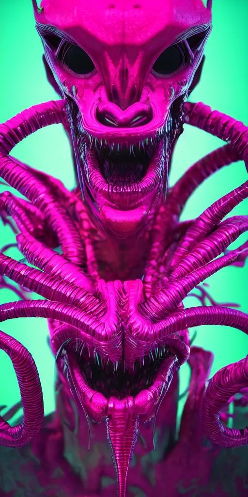 Image similar to synthwave demonic alien face with neon horns, detailed face, sharp focus, synthwave art, aesthetic, octane render, raw, cinematic