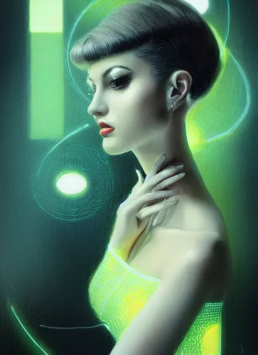 Image similar to photorealistic portrait of female humanoid, highly intricate, retro 6 0 s haute couture fashion, elegant, highly detailed, crispy quality and cyber neon light reflections, artstation, pinterest, glamor pose, no signature, no watermark, art by artgerm and greg rutkowski