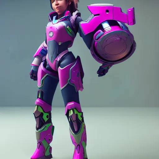 Image similar to a young girl with the appearance and armor of d. va from overwatch, design, octane render, 4 k, ingame shot