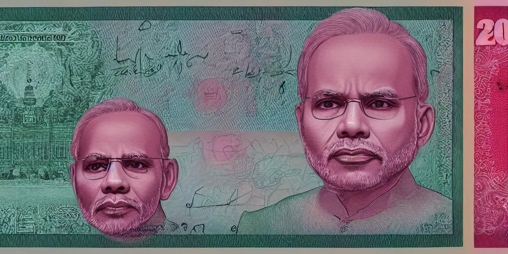 Prompt: 2000 rupees currency note with Narendra Modi's face on it, by H R Giger and Zdzisław Beksiński, the note also has a nano chip, pink,