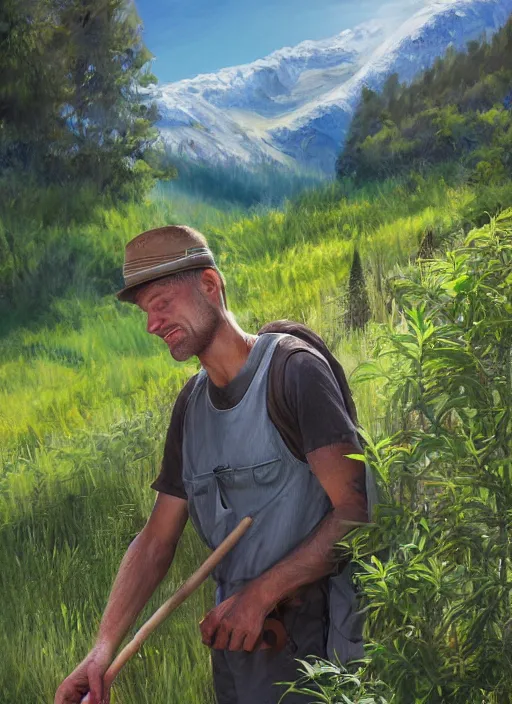 Prompt: digital portrait of a person looking like aleksandr lukanhesko cultivating weed in mountains, hot sun, photo realism