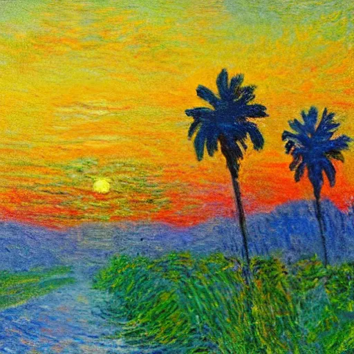 Image similar to A beautiful road with Palm trees on each side, sunset in the style of Monet