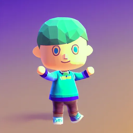 Image similar to low poly human animal crossing character with brown hair brown eyes and a sky blue hoodie and gray pants, 3 d render on purple gradient background