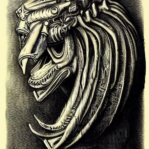 Prompt: a creature with the body and eyes of a man, with the beak of an eagle, the mane of a lion, and the horn of a bull. drawn by h. r. giger