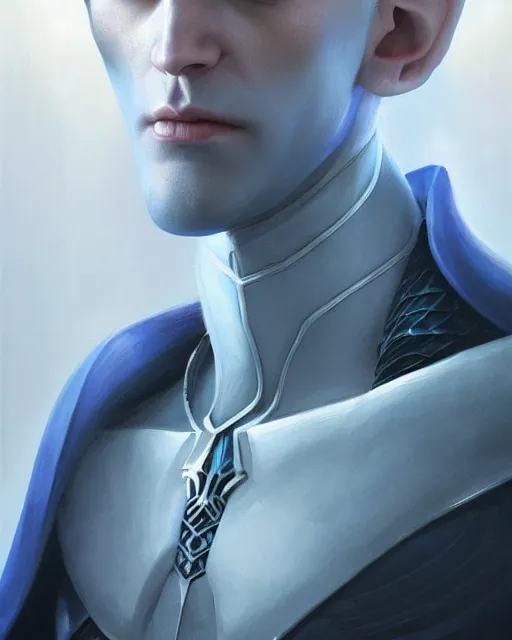 Image similar to character portrait of a slender young half elven man with white hair and piercing blue eyes and pale blue skin, wearing sleek pearlescent black armor, by greg rutkowski and mark brookes and jim burns and tom bagshaw and magali villeneuve, trending on artstation