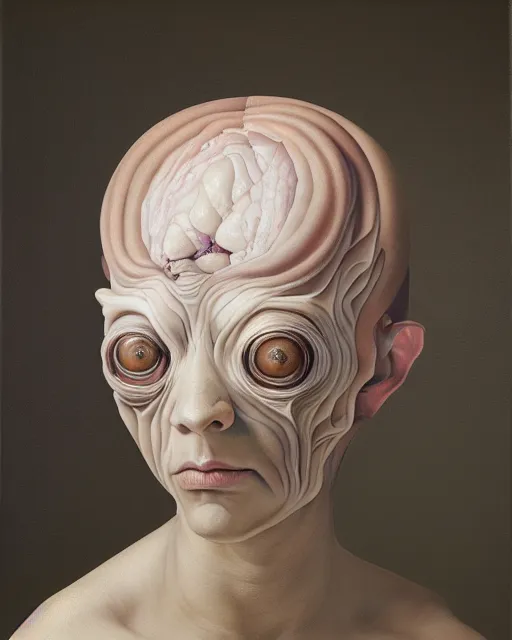 Prompt: strange, looming head, biomorphic painting of a woman with large eyes, pastel colours by, rachel ruysch, and charlie immer, highly detailed, fluid acrylic, airbrush art, timeless disturbing masterpiece