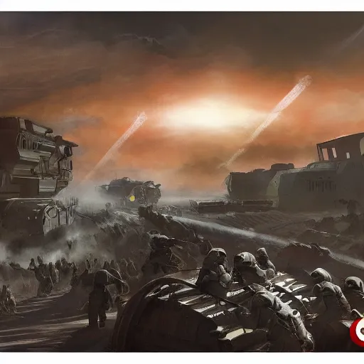 Image similar to bloody war scene, explosions, soldiers running, fog, sun beams, big machines dieselpunk style, no text, painting style