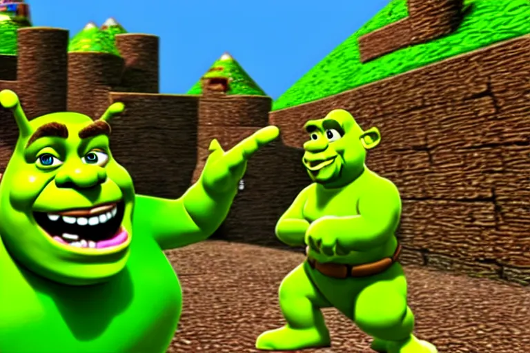 Prompt: Shrek Cameo in Super Mario 64, Raw footage