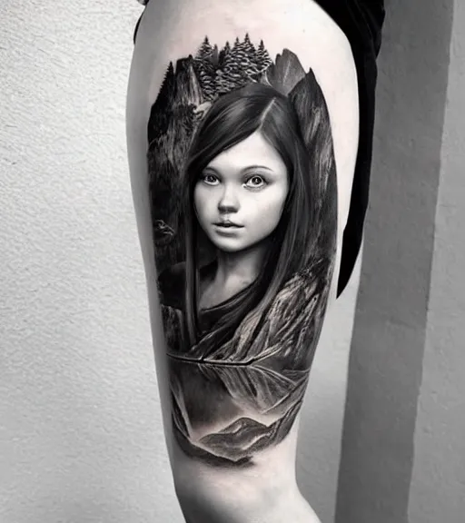 Image similar to a beautiful girl portrait in amazing nature and mountains, realism tattoo, in the style of den yakovlev, black and white, hyper realistic, highly detailed