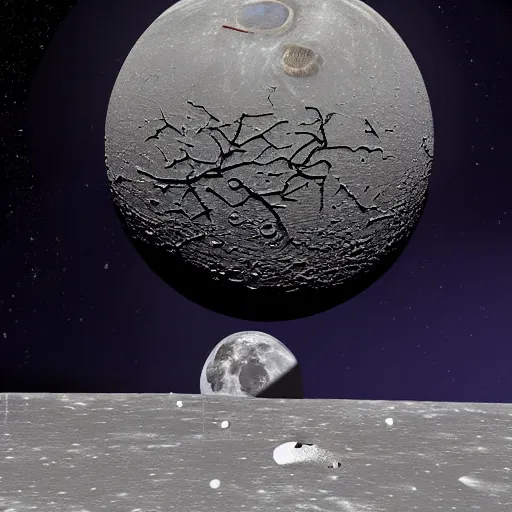 Image similar to an apple tree on the moon in the background the earth and death star from star wars the movie