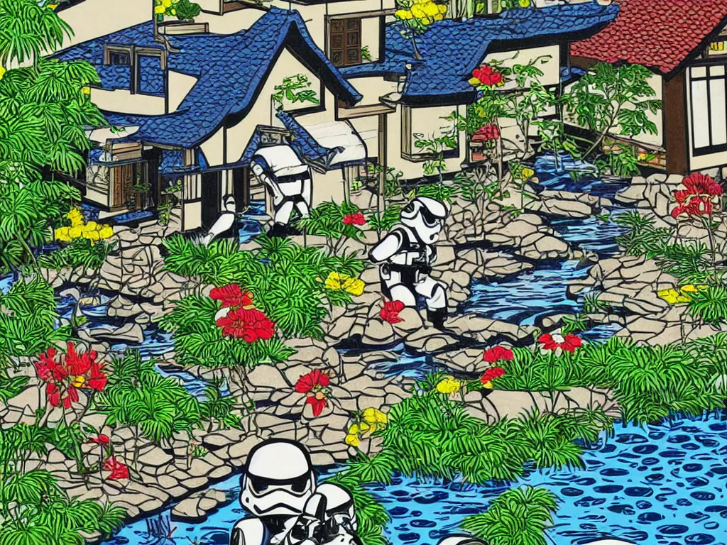 Image similar to super - detailed close - up image of the japanese home with a garden and pond, 2 stormtroopers sitting around it, in style of pop - art, andy warho style, roy lichtenstein style, jackie tsa stylei, bright palette, acrylic on canvas