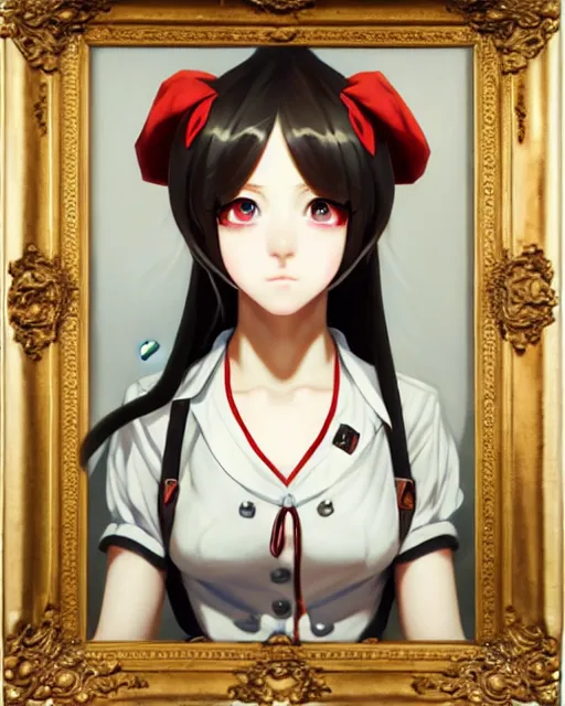 Image similar to an oil painting of baroque cute face character, anime girl, nazi ss secret police maid, soft studio light by rutkowski, makoto sinkai and wlop