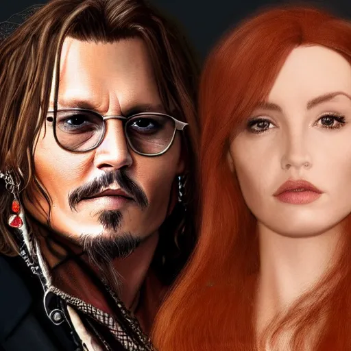 Prompt: portrait of johnny depp with his new girlfriend ginger hair woman detailed face detailed 8 k