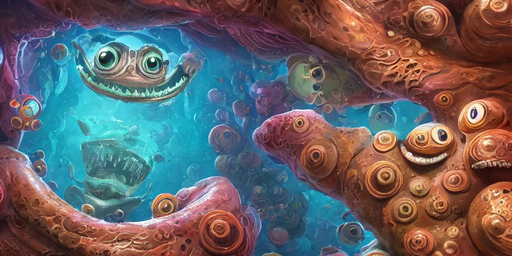 Image similar to of an intricate deep sea with strange cute friendly happy creatures with huge eyes, mouth, long tongue, round teeth and goofy face, appearing from the background, in the style of gehry and gaudi, macro lens, shallow depth of field, ultra detailed, digital painting, trending artstation, concept art, illustration, cinematic lighting, photorealism, epic, octane render