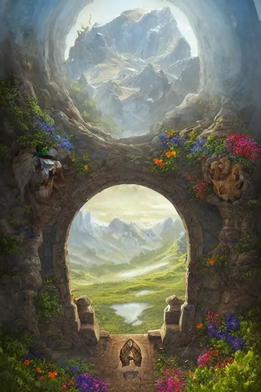 Image similar to A giant medieval fantasy blue energy portal gate with a rusty gold carved lion face at the center of it, the portal takes you to another world, full of colorful flowers on the lost Vibes and mountains in the background, spring, delicate fog, sea breeze rises in the air, by andreas rocha and john howe, and Martin Johnson Heade, featured on artstation, featured on behance, golden ratio, ultrawide angle, f32, well composed, rule of thirds, center spotlight, low angle view