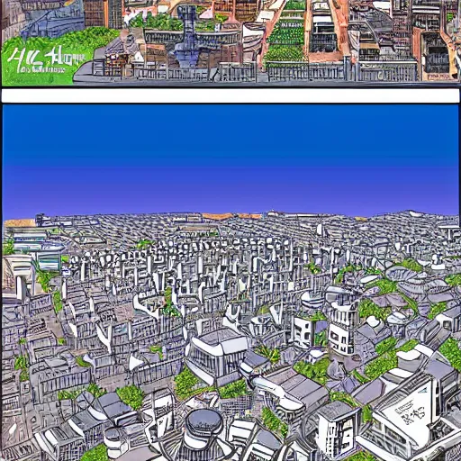 Image similar to a manga page showing a city from above,