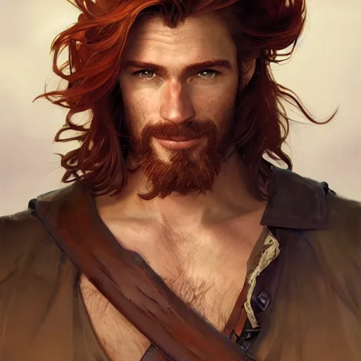 Prompt: portrait of a young ruggedly handsome but joyful pirate, male, masculine, upper body, red hair, long hair, d & d, fantasy, seductive smirk, intricate, elegant, highly detailed, digital painting, artstation, concept art, matte, sharp focus, illustration, art by artgerm and greg rutkowski and alphonse mucha