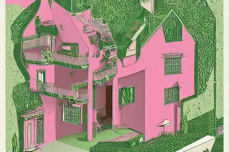 Image similar to a pink and green illustration of a cross section of a house, a storybook illustration by muti and tim biskup, featured on dribble, arts and crafts movement, behance hd, storybook illustration, dynamic composition