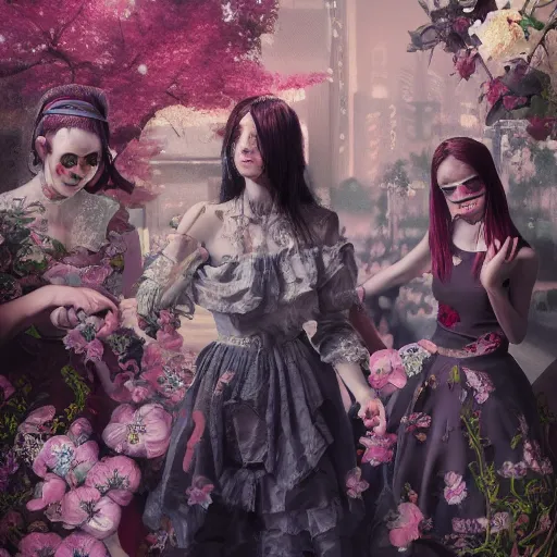 Image similar to 8k, octane render, cyberpunk painting, realism, tonalism, renaissance, rococo, baroque, group of creepy young ladies wearing long harajuku manga dress with flowers and skulls, background chaotic flowers