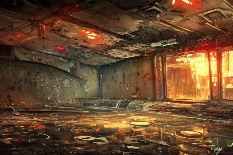 Prompt: A beautiful painting of inside in abandoned rusty space station from kindzadza, Trending on artstation.