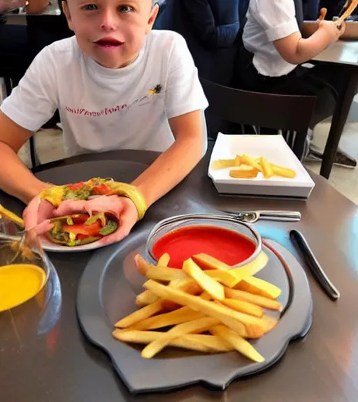 Prompt: an award winning photo of elon musk eating!! crayons!, crayons!!! as ( ( french ) ) ( ( fries ) ), gourmet restaurant, 4 k, high quality