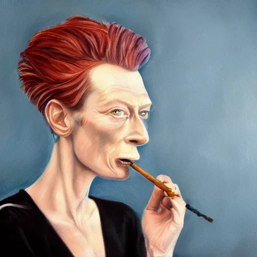 Prompt: an caricature of a young tilda swinton smoking a cigar, realistic oil painting by Mahesh Nambiar, trending on art station, 4K