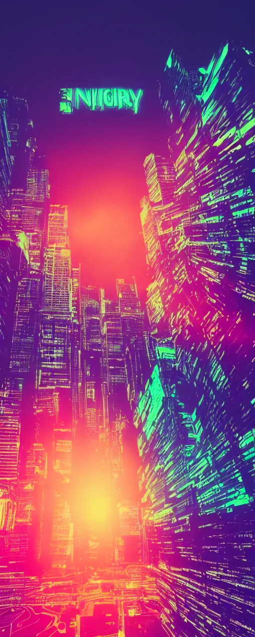 Image similar to night city, neon lights, retrowave grid, sunset