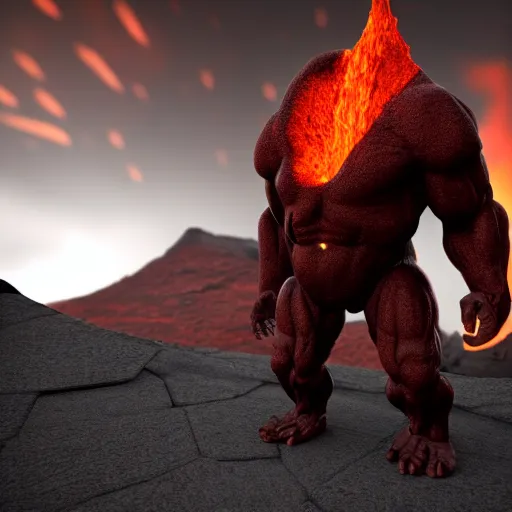 Prompt: a large, muscular, standing, humanoid, lava rock, magma, fire golem creature, burning eyes, exaggerated perspective, unreal engine, 3 5 mm pointing up