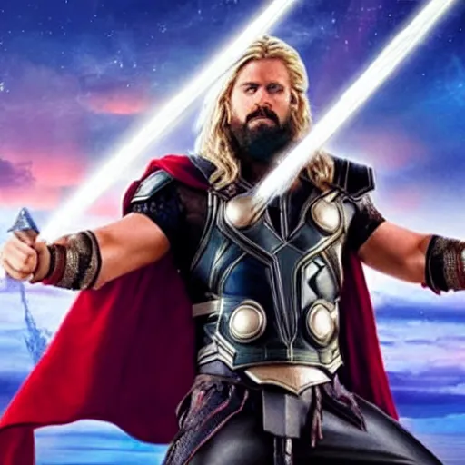 Image similar to film still of rocking star yash as thor in thor ragnarok