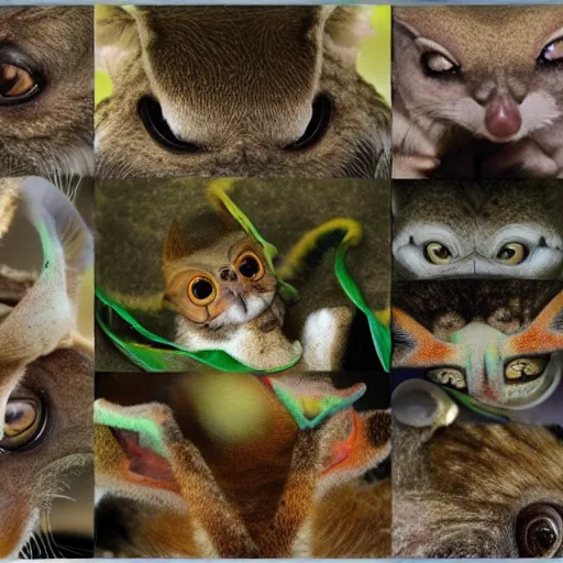 Prompt: A mix between of Margay, Gecko, Tarsier, Sugar glider, Sand cat, Bee hummingbird, Pygmy hippopotamus , Leafy sea dragon, Elephant Shrew, Klipspringer, Fennec Fox, Tawny frogmouth, Quetzal and Star-nosed mole