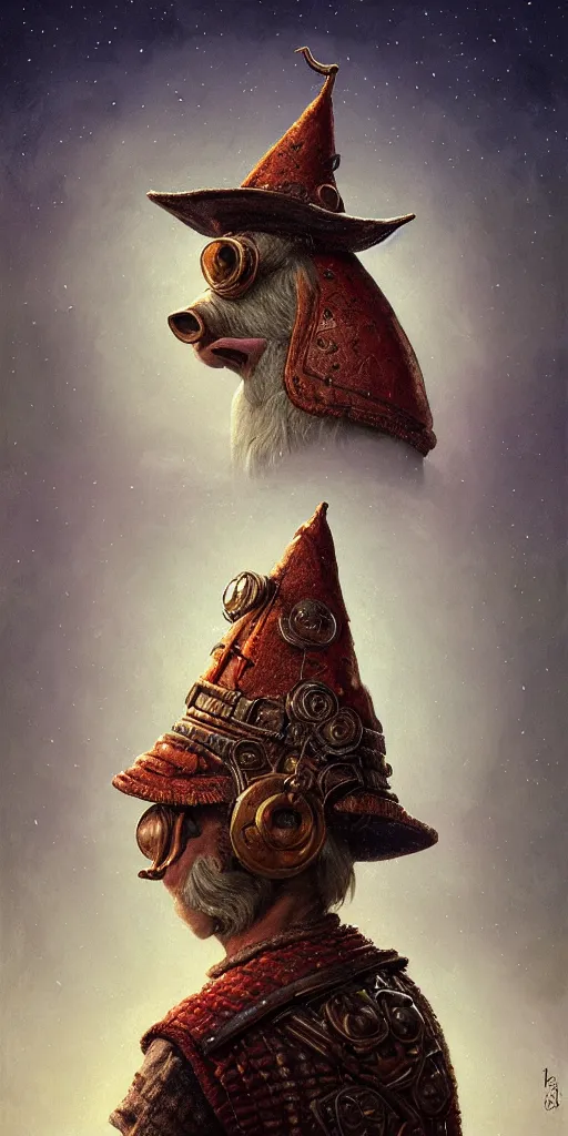 Image similar to rpg! profile!!! portrait of humanoid pig on white background, wizard hat, wizard cloak, surreal, vintage doll, intricate, highly detailed, digital painting, artstation, concept art, smooth, sharp focus, illustration, art by norman rockwell emiliano ponzi andrey remnev yoann lossel aaron jasinski, 8 k