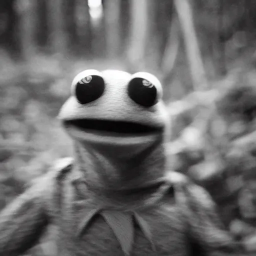 Prompt: scary trailcam photo of kermit the frog at night walking in the forest. blury. obscurity. flash