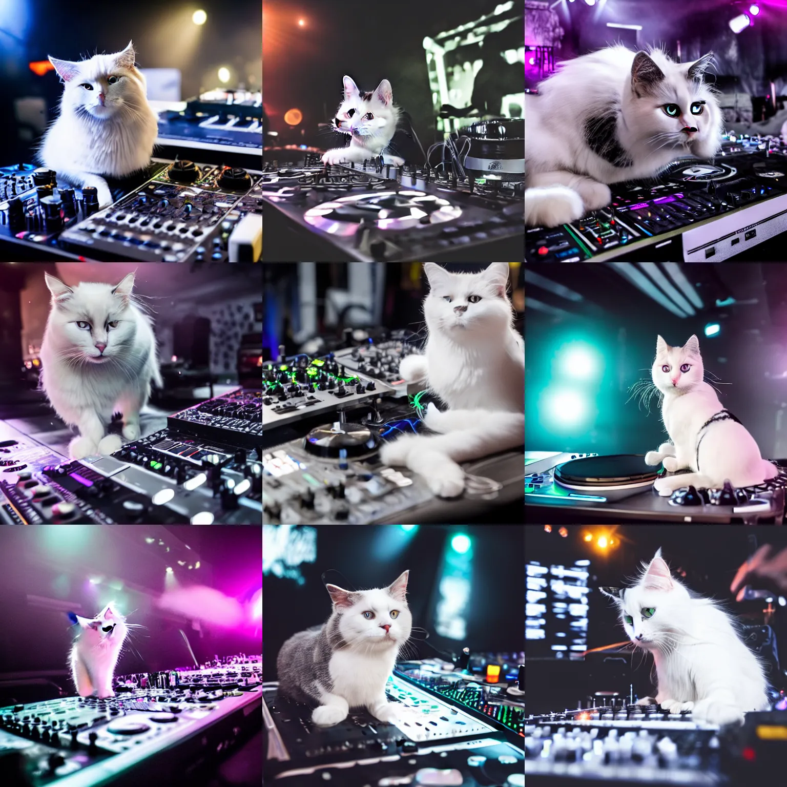 Prompt: a white and gray Norwegian forest Turkish van cat DJing at a club on CDJs and a pioneer mixer