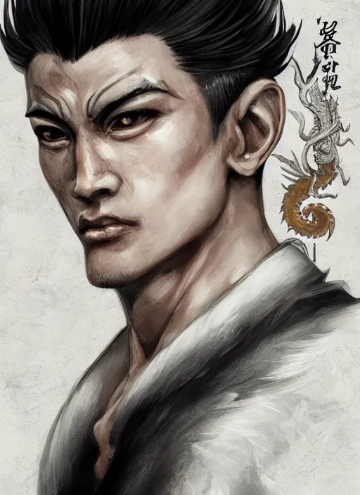 Prompt: a highly detailed illustration of fierce white haired asian man with short white hair parted down middle, wearing white kimono with black shirt, with dragon tatto, with black sclera eyes, heroically battle posing, muscular, intricate, elegant, highly detailed, centered, digital painting, artstation, concept art, smooth, sharp focus, league of legends concept art, WLOP