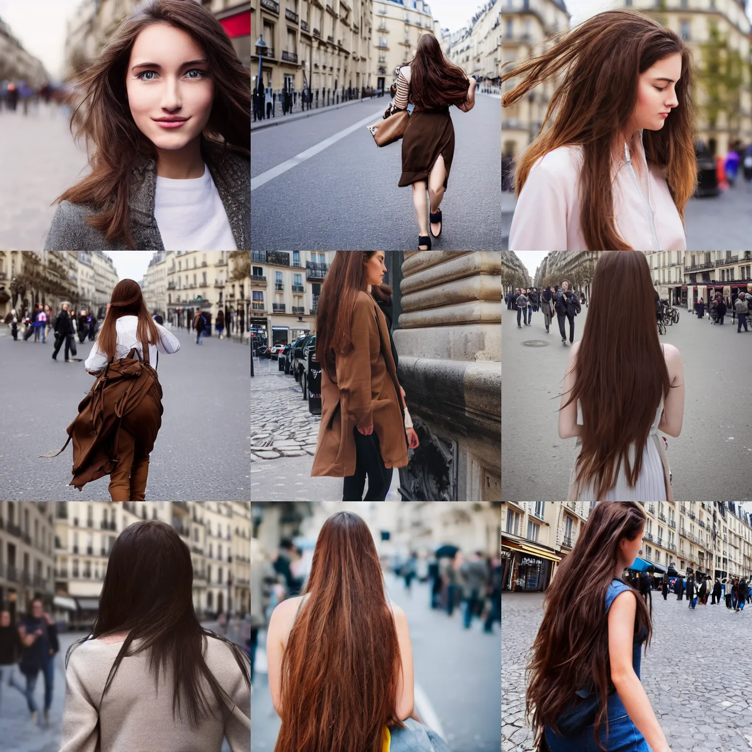 Prompt: 23 year old woman with long brown hair walking down the street in Paris, photorealistic, detailed