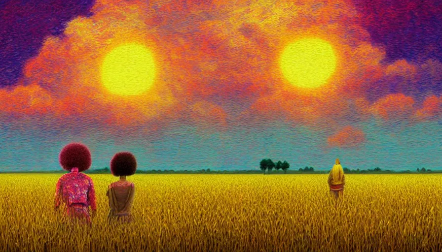 Image similar to daisy afro head, full body, girl watching sunset, empty wheat field, surreal photography, colorful clouds, tree, impressionist painting, colorful clouds, digital painting, pointillism, artstation, simon stalenhag