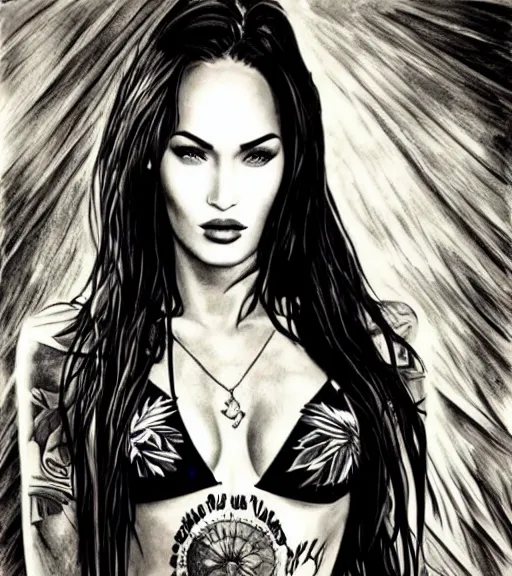 Prompt: tattoo design sketch of megan fox against a background of beautiful mountains and nature, hyper - realistic, in the style of den yakovlev, amazing detail, black and white