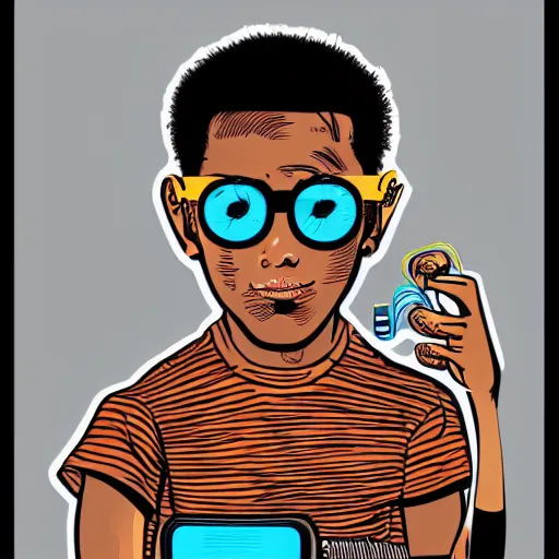 Image similar to illustration of a boy connected to his laptop with wires, highly detailed, by butcher billy