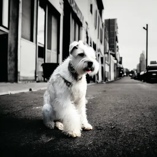 Image similar to photo of a white schnauzer dog with two open wings on his back sitting on the street of an abandoned dystopic city, hyprrealism, 5 5 mm photo