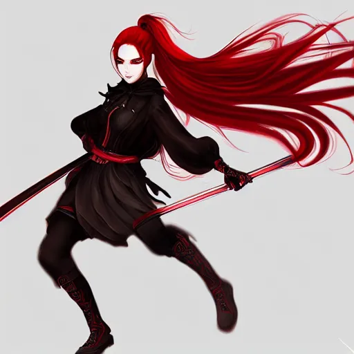Prompt: a girl with red hair holding a katana, gothic clothes, ponytail, action shot, highly detailed, digital painting, artstation, concept art, smooth, sharp focus, illustration
