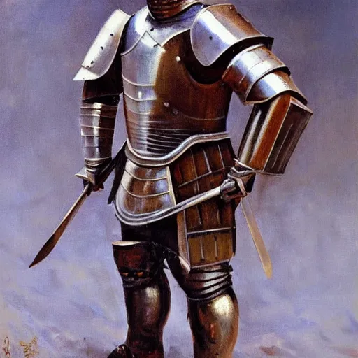 Image similar to a knight in plate armor by pavel sokov, oil painting