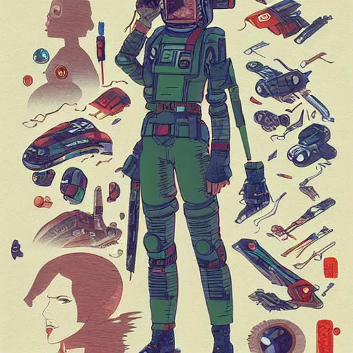 Prompt: full body portrait of a renegade rebel pilot, cool woman, 1 9 8 0 s japanese science fiction, studio ghibli style, by katsuya kondo, illustration, character portrait, concept, detailed masterpiece